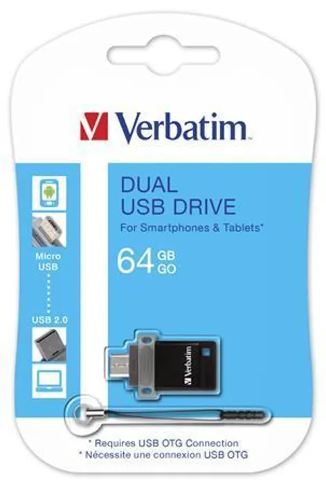 Hlavný obrázok produktu 64GB USB flash disk "DUAL", USB 2.0 + micro USB adaptér, VERBATIM