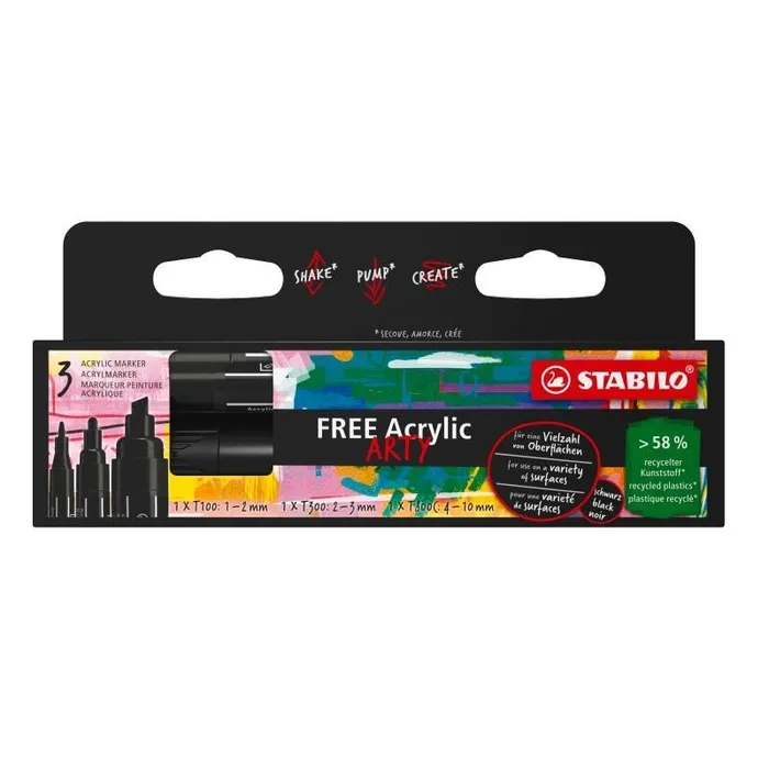 Hlavný obrázok produktu Akrylový popisovač STABILO FREE Acrylic černá 3 ks sada - 3 hroty