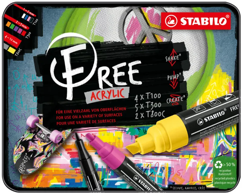 Hlavný obrázok produktu Akrylový popisovač STABILO FREE Acrylic Startovací 11 ks sada - mix barev se 3 hroty