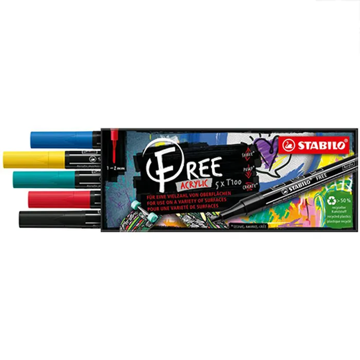 Hlavný obrázok produktu Akrylový popisovač STABILO FREE Acrylic T100 Klínový hrot 1-3 mm - Royal set - sada 5 ks
