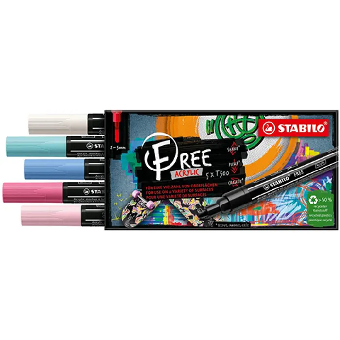 Hlavný obrázok produktu Akrylový popisovač STABILO FREE Acrylic T300 Kulatý hrot 2-3 mm - Candy, sada 5 ks