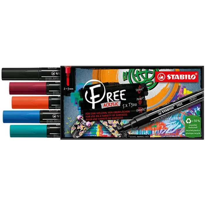 Hlavný obrázok produktu Akrylový popisovač STABILO FREE Acrylic T300 Kulatý hrot 2-3 mm - Urban, sada 5 ks