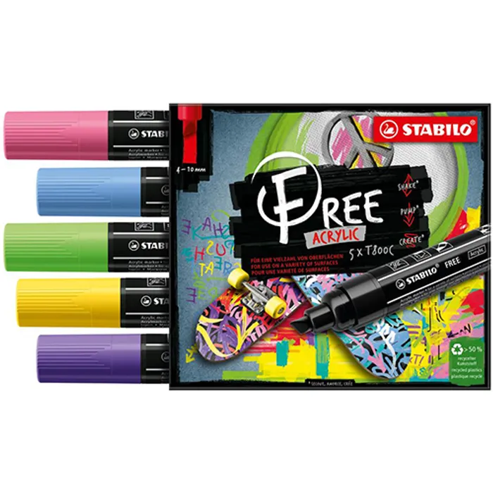 Hlavný obrázok produktu Akrylový popisovač STABILO FREE Acrylic T800C Klínový hrot 4-10 mm - Seaside, sada 5 ks