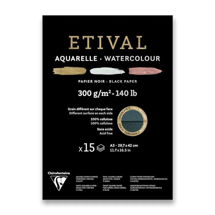 Hlavný obrázok produktu Akvarelový blok Clairefontaine Etival Black Cold Pressed/Rough A3, 15 listů, 300 g