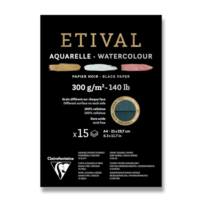 Hlavný obrázok produktu Akvarelový blok Clairefontaine Etival Black Cold Pressed/Rough A4, 15 listů, 300 g