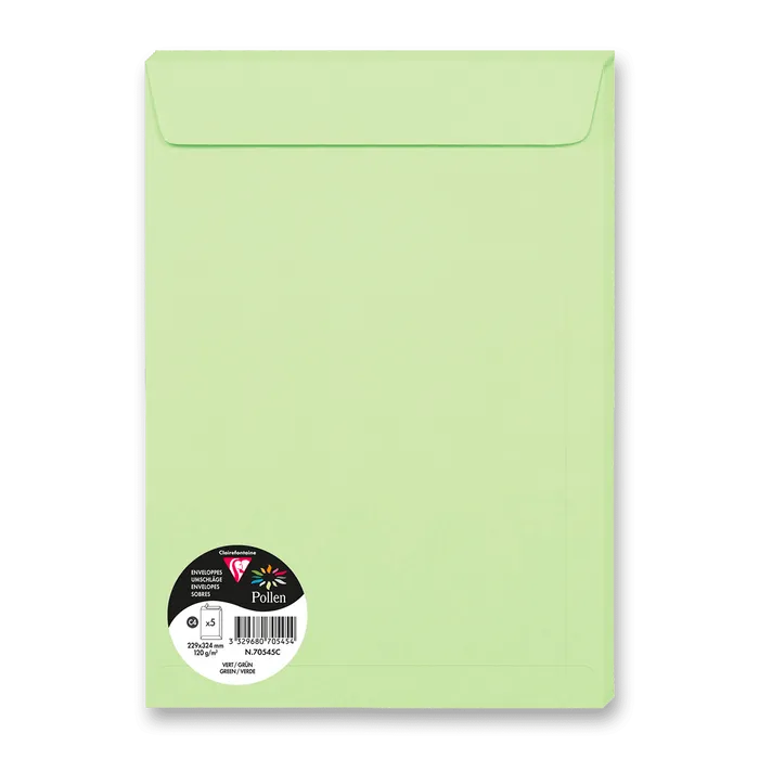 Hlavný obrázok produktu Barevná obálka Clairefontaine, C4 229 x 324 mm, světle zelená, 5 ks