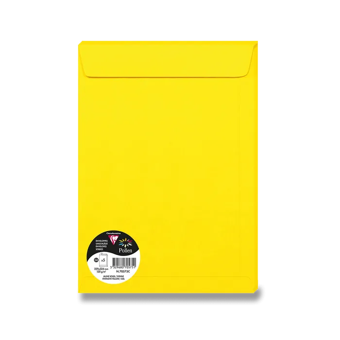 Hlavný obrázok produktu Barevná obálka Clairefontaine, C4 229 x 324 mm, žlutá, 5 ks