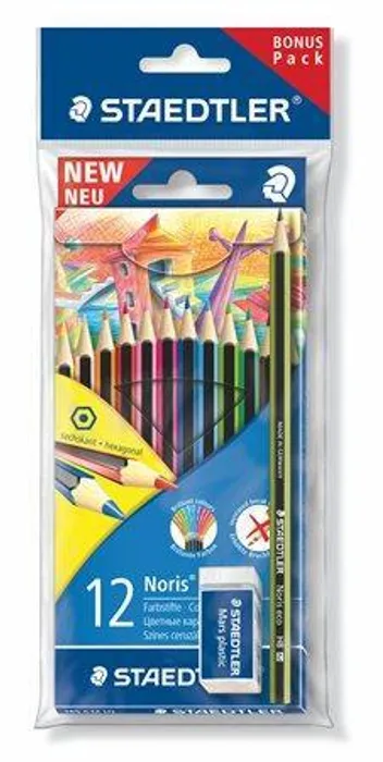 Hlavný obrázok produktu Barevné pastelky "Noris Colour", 12 barev, šestihranné, + tužka + guma, STAEDTLER