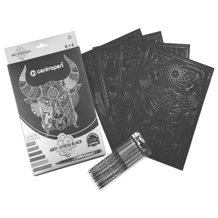 Hlavný obrázok produktu Černé antistresové omalovánky + 6 metalických popisovačů CENTROPEN 9390