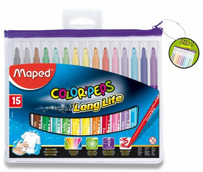 Hlavný obrázok produktu Dětské fixy Maped Color´Peps Long Life, pouzdro na zip, 15 barev
