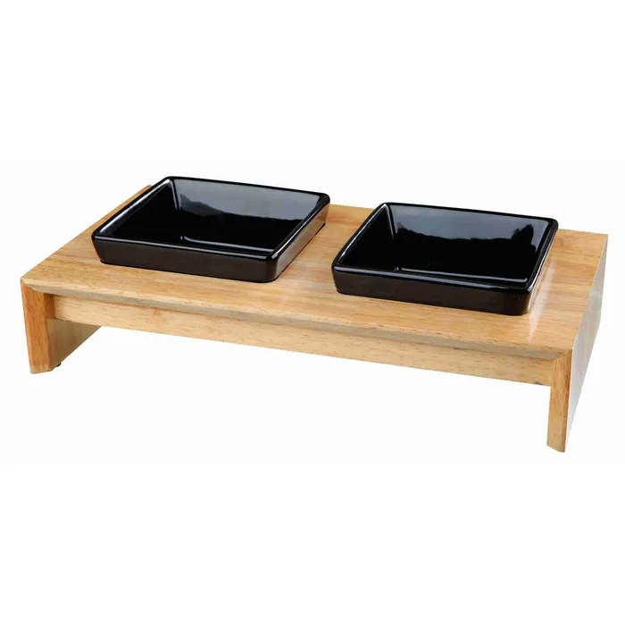 Hlavný obrázok produktu Dřevěný bar, 2x keramická čtyřhranná miska, černá 2 × 0,2 l/10 x 10 cm/ 28 × 5 × 15 cm