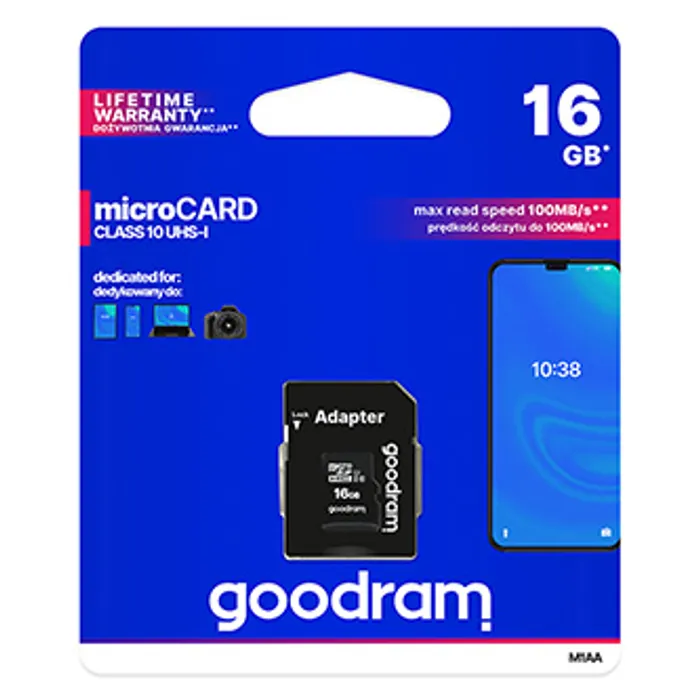 Hlavný obrázok produktu Goodram Micro Secure Digital Card, 16GB, micro SDHC, M1AA-0160R12, UHS-I U1 (Class 10), s