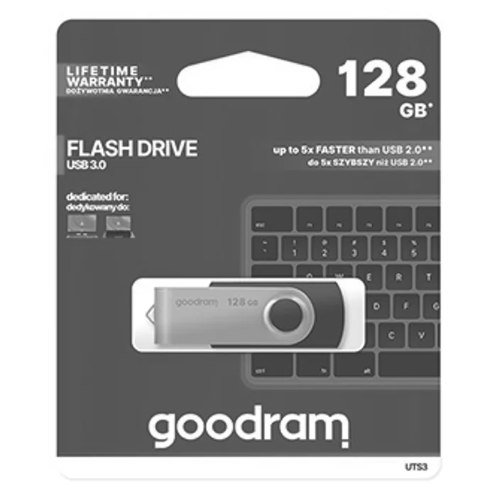 Hlavný obrázok produktu Goodram USB flash disk, USB 3.0 (3.2 Gen 1), 128GB, UTS3, černý, UTS3-1280K0R11, USB A, s