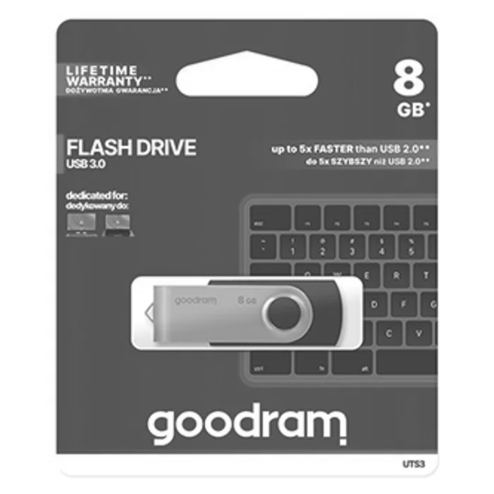 Hlavný obrázok produktu Goodram USB flash disk, USB 3.0 (3.2 Gen 1), 8GB, UTS3, černý, UTS3-0080K0R11, USB A, s o