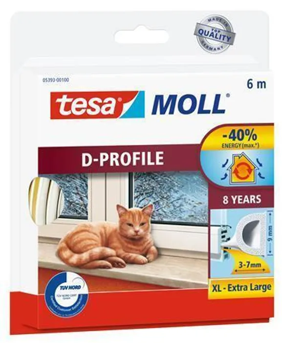 Hlavný obrázok produktu Gumové těsnění "tesamoll® D profil 5393", bílá, 9 mm x 6 m, TESA