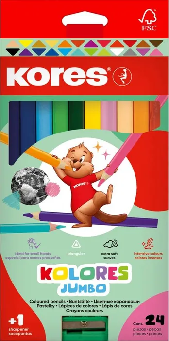Hlavný obrázok produktu Pastelky Kores Kolores Jumbo trojhranné 5 mm 24 barev + ořezávátko