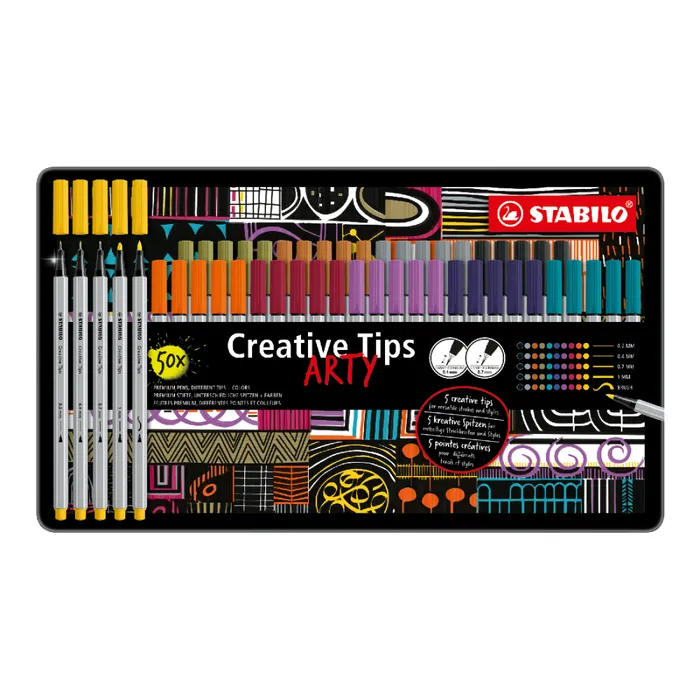 Hlavný obrázok produktu Linery "Creative Tips ARTY", sada, 10 barev, 5 šířek stopy, plechová krabička, STABILO 89/50-6-20