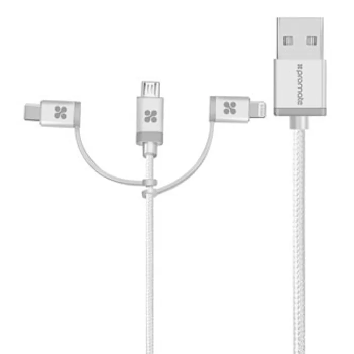 Hlavný obrázok produktu Kabel USB (2.0), USB A M- Lightning M + USB C M + MicroUSB M, 1.2m, kulatý, stříbrný, Pro
