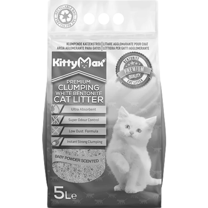 Hlavný obrázok produktu KITTYMAX hrudkující, bezprašný bílý bentonit BABY POWDER 5 l