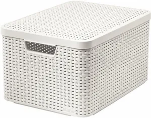 Košík, umelý ratan, s vekom, 30 l, krémový, CURVER