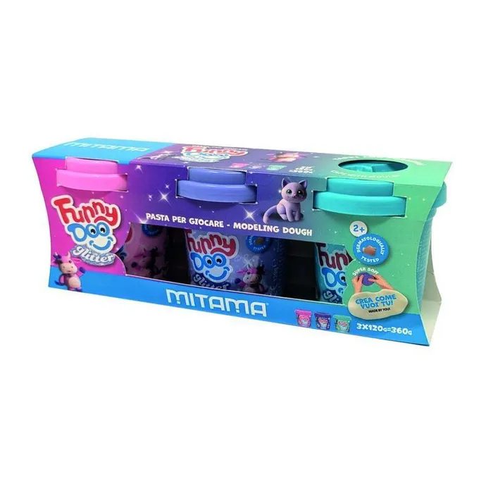 Hlavný obrázok produktu Modelína FUNNY DOO, sada 3 barvy se třpytkami, 3x120 g, růžová, fialová, modrá, MITAMA 63850