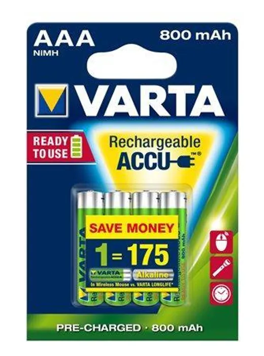 Hlavný obrázok produktu Nabíjecí baterie, AAA (mikrotužková), 4x800 mAh, přednabité, VARTA "Longlife Accu"