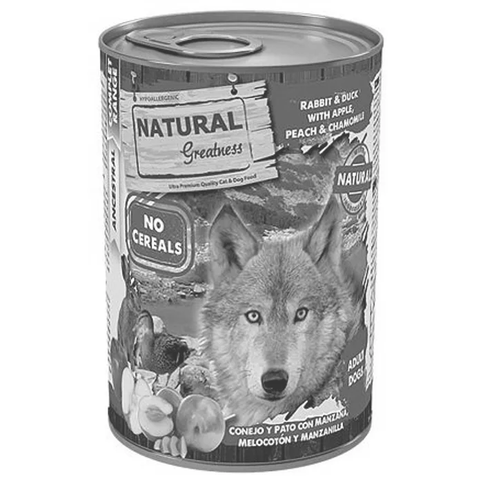 Hlavný obrázok produktu Natural Greatness králík, kachna, jablka, broskve, konzerva pro psy 400 g