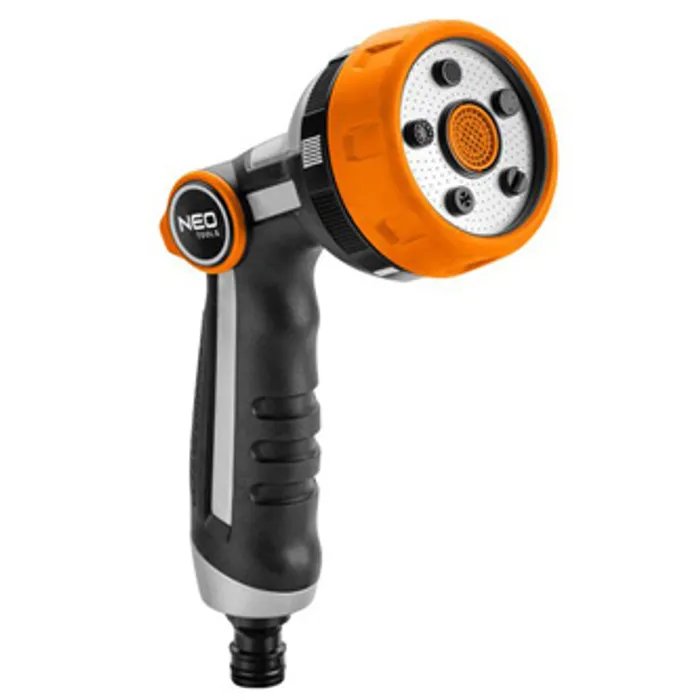 Hlavný obrázok produktu NEO TOOLS pistolový rozprašovač s regulací proudu 5 funkcí, ZAP/VYP palcem, oranžovo-čern