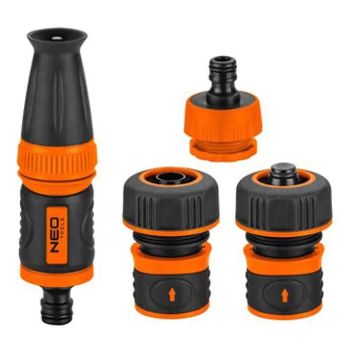 Hlavný obrázok produktu NEO TOOLS sada rozprašovač, 2 rychlospojky přípojka na kohoutek, 3/4", oranžovo-černá, 15