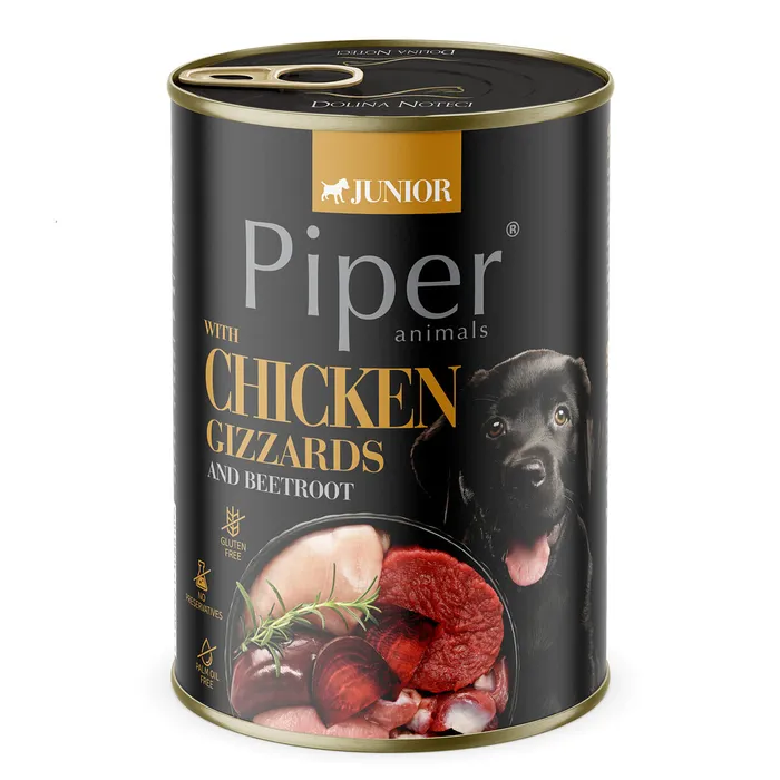 Hlavný obrázok produktu NEW PIPER JUNIOR s kuřecími žaludky a červenou řepou, konzerva pro štěňata, 400 g