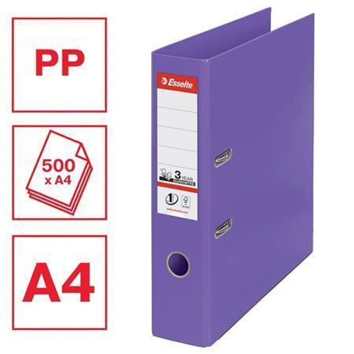 Hlavný obrázok produktu Pákový pořadač "Standard", ochranné spodní kování, fialová, 75 mm, A4, PP, ESSELTE