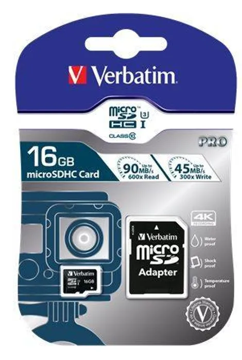 Hlavný obrázok produktu Paměťová karta, microSDHC, 16GB, Class 10 UHS I, s adaptérem, VERBATIM "PRO"