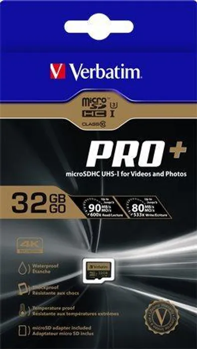 Hlavný obrázok produktu Paměťová karta, microSDHC, 32GB, Class 10 UHS I, s adaptérem, VERBATIM "PRO+"