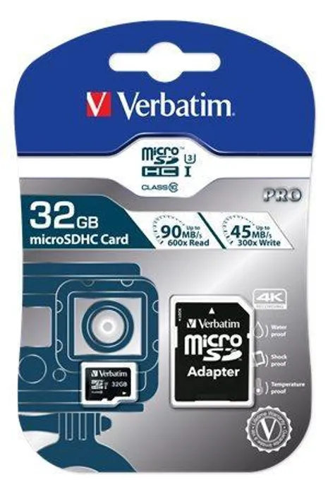Hlavný obrázok produktu Paměťová karta, microSDHC, 32GB, Class 10 UHS I, s adaptérem, VERBATIM "PRO"