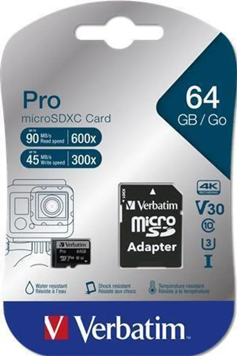 Hlavný obrázok produktu Paměťová karta, microSDXC, 64GB, Class 10 USH-I, s adaptérem, VERBATIM "PRO"