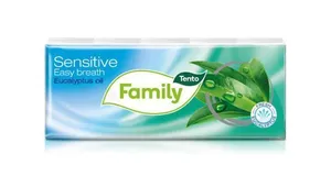 Papierové vreckovky Sensitive Easy Breath, eukalyptový olej, 3 vrstvové, 10x10 ks, TENTO