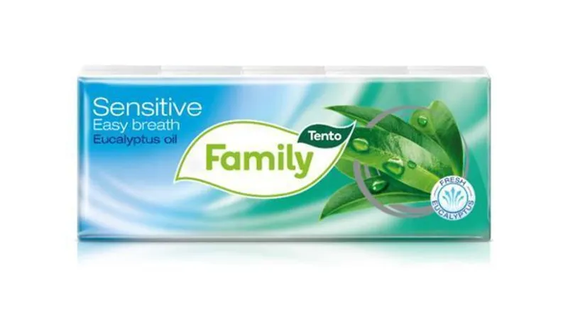 Hlavný obrázok produktu Papírové kapesníky "Sensitive Easy Breath", eukalyptový olej, 3 vrstvé, 10x10 ks, TENTO