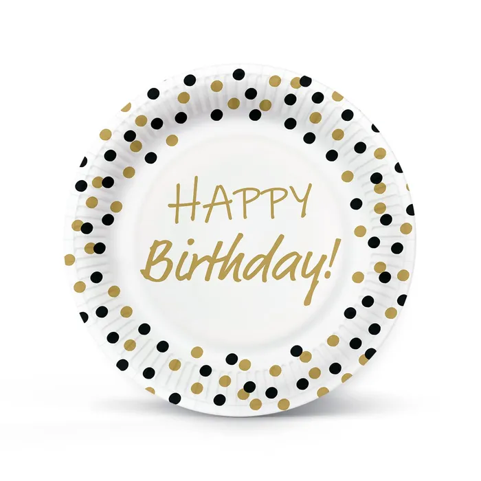 Hlavný obrázok produktu Papírový talíř (FSC Mix) Birthday Confetti - gold-black O23cm [8 ks]