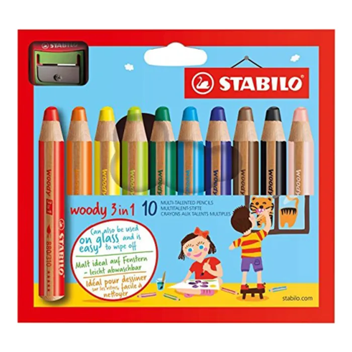 Hlavný obrázok produktu Pastelka, vodovka & voskovka v jednom STABILO woody 3 in 1 - 10 ks sada s ořezávátkem