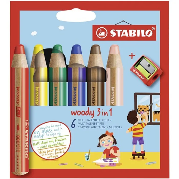 Hlavný obrázok produktu Pastelka, vodovka & voskovka v jednom STABILO woody 3 in 1 - 6 ks sada s ořezávátkem