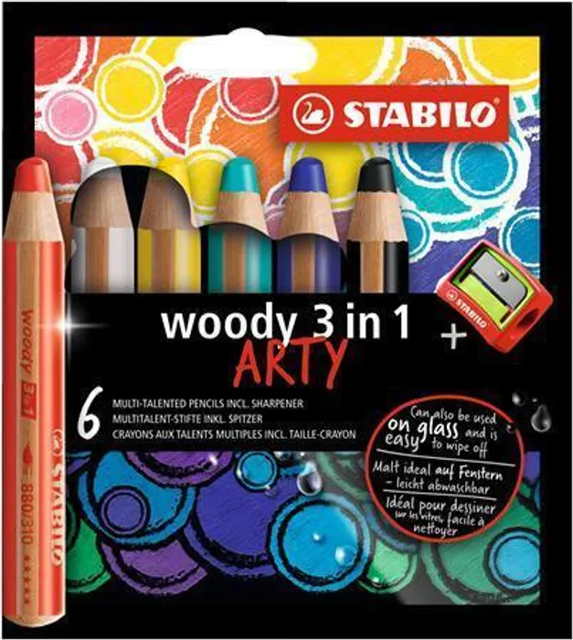 Hlavný obrázok produktu Pastelka, vodovka & voskovka v jednom STABILO woody 3 in 1 ARTY 6 ks sada s ořezávátkem