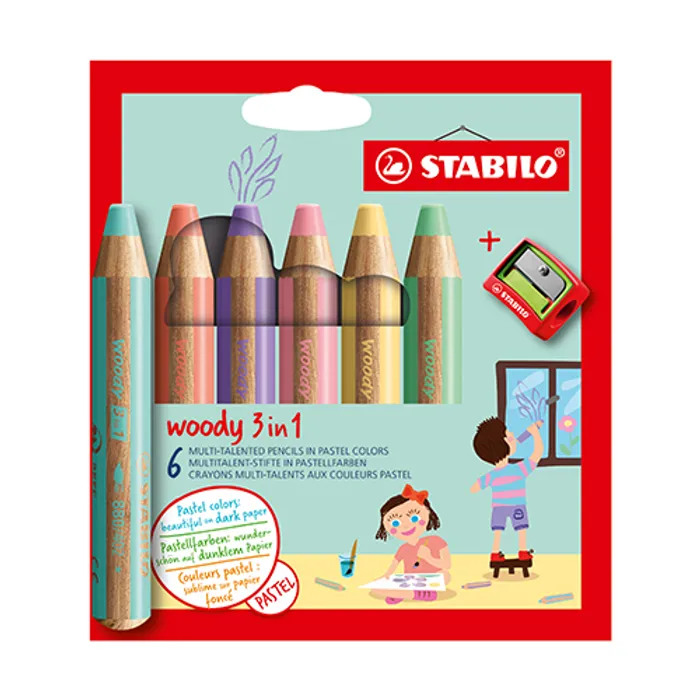 Hlavný obrázok produktu Pastelka, vodovka & voskovka v jednom STABILO woody 3 in 1 PASTEL - 6 ks s ořezávátkem
