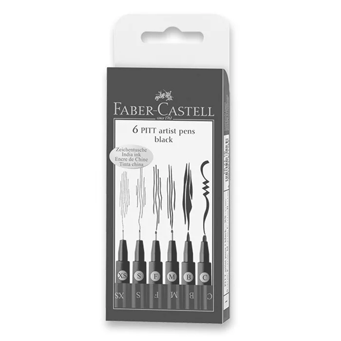 Hlavný obrázok produktu Popisovač Faber-Castell Pitt Artist Pen sada 6 ks, XS, S, F, M, B, C, černé