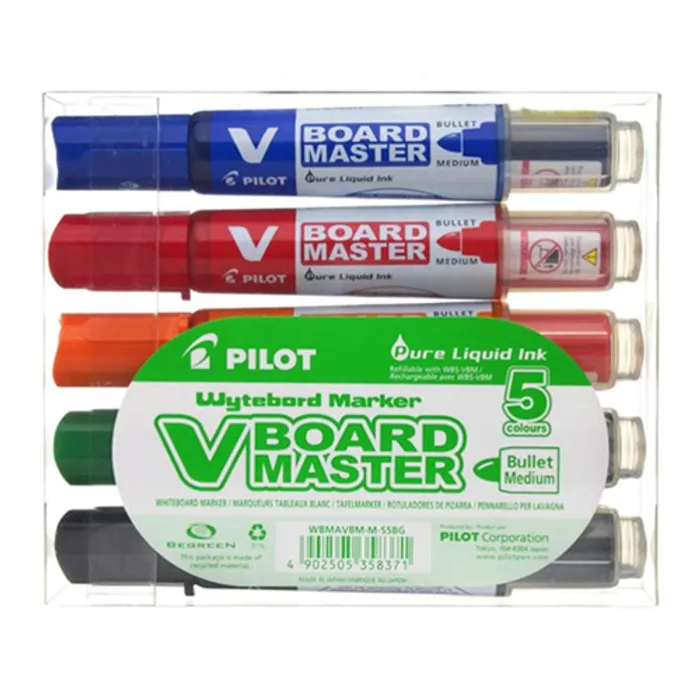 Hlavný obrázok produktu Popisovače "V-Board Master" na bílou tabuli – sada, 5 barev, kuželový hrot, 2,3 mm, PILOT