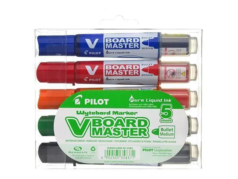 Hlavný obrázok produktu Popisovače "V-Board Master" na bílou tabuli – sada, 5 barev, kuželový hrot, 2,3 mm, PILOT