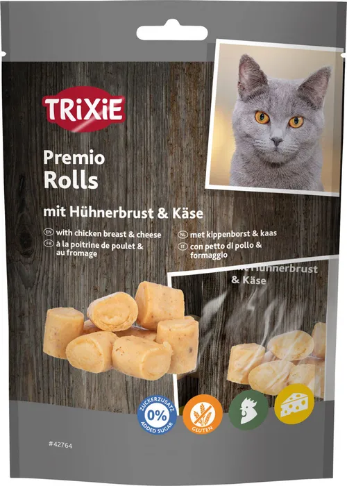 Hlavný obrázok produktu PREMIO Chicken & Cheese Rolls - válečky s kuřetem a sýrem, 50 g