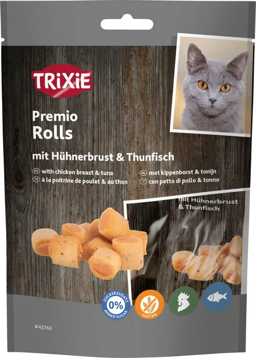 Hlavný obrázok produktu PREMIO Chicken & Tuna Rolls - válečky s tuňákem a kuřetem, 50 g