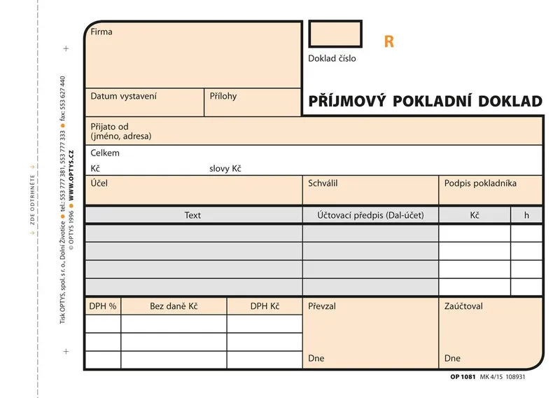 Hlavný obrázok produktu Příjmový doklad A6, samopropisovací, číslovaný, 2 x 50 listů 1081