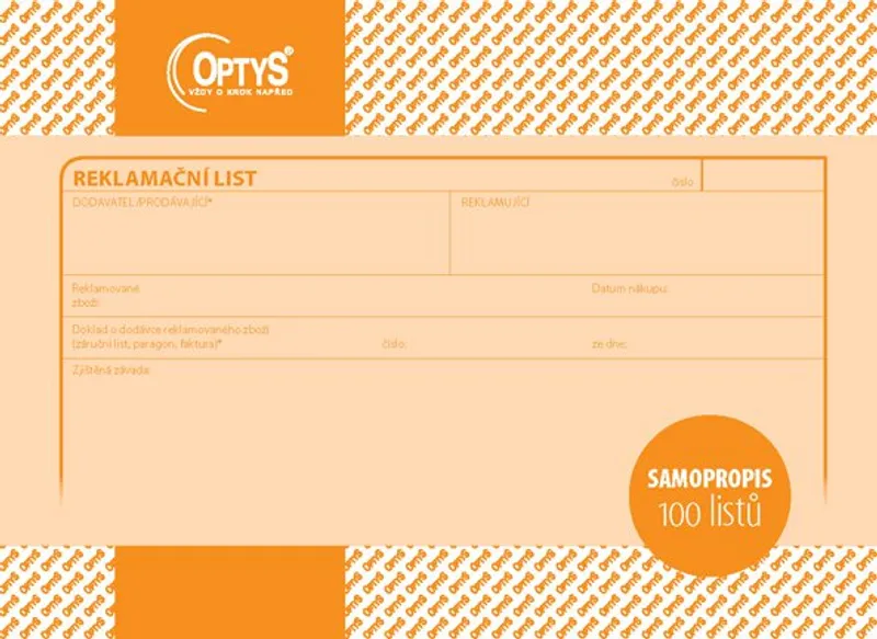 Hlavný obrázok produktu Reklamační list A5, samopropisovací, 100 listů 1254
