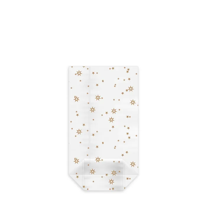 Hlavný obrázok produktu Sáček čirý celofán (OPP) s křížovým dnem Hvězdy zlaté 9,5 x 16 + 4 cm [100 ks]